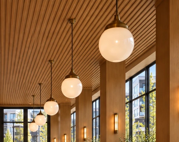 Les lampes globes au plafond de lattes de bois