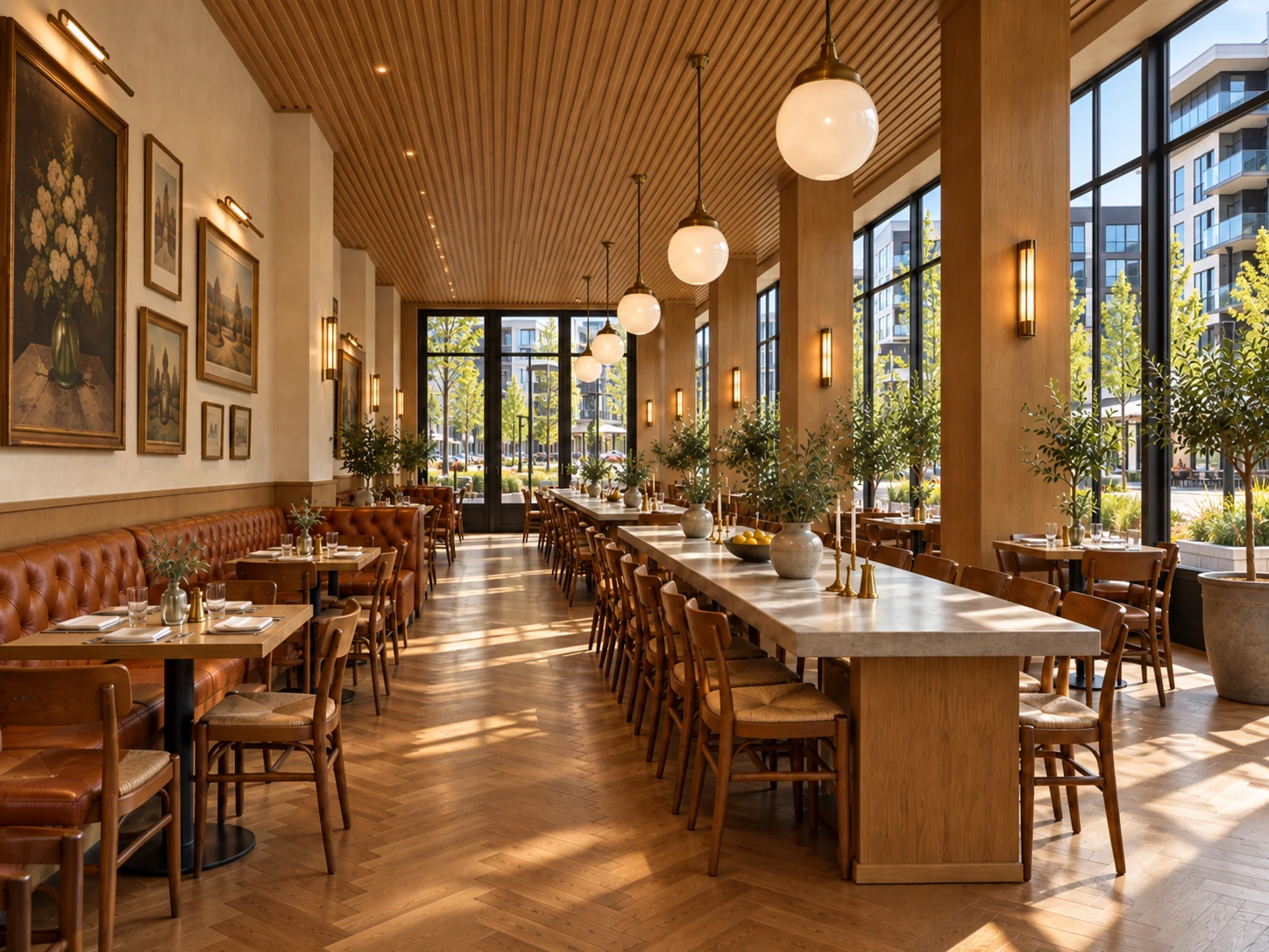 La salle de L’audacieux : grandes tables de pierre, banquettes de cuir et lampes globes